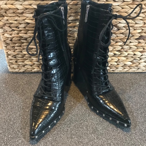 Charles David "Duffy" Black Mid-Calf Pointy Studded Zip/ Lace-up Boots E… - Picture 11 of 16